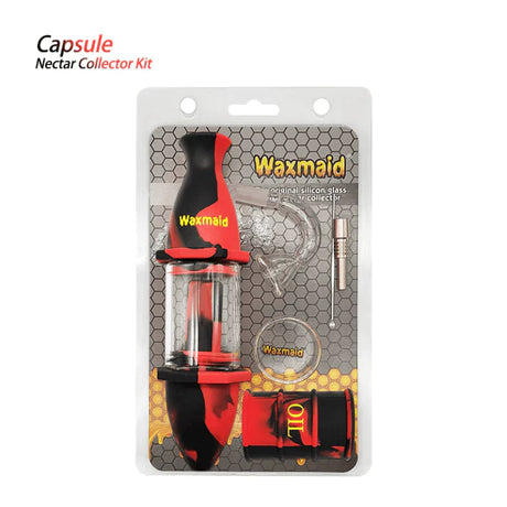 Front view of the 8-inch Waxmaid Upgraded Capsule Kit in a bold black and red swirled silicone sleeve with a clear glass body. This hybrid silicone-glass water pipe features a modular capsule design for smooth liquid smoke purification.
