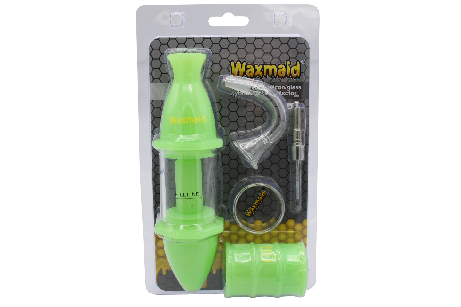 Front view of the 8-inch Waxmaid Upgraded Capsule Kit in a translucent glow-in-the-dark Gid Green silicone finish. This luminous hybrid pipe absorbs light to glow brightly in the dark, making it perfect for nighttime smoking sessions.