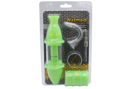 Front view of the 8-inch Waxmaid Upgraded Capsule Kit in a translucent glow-in-the-dark Gid Green silicone finish. This luminous hybrid pipe absorbs light to glow brightly in the dark, making it perfect for nighttime smoking sessions.