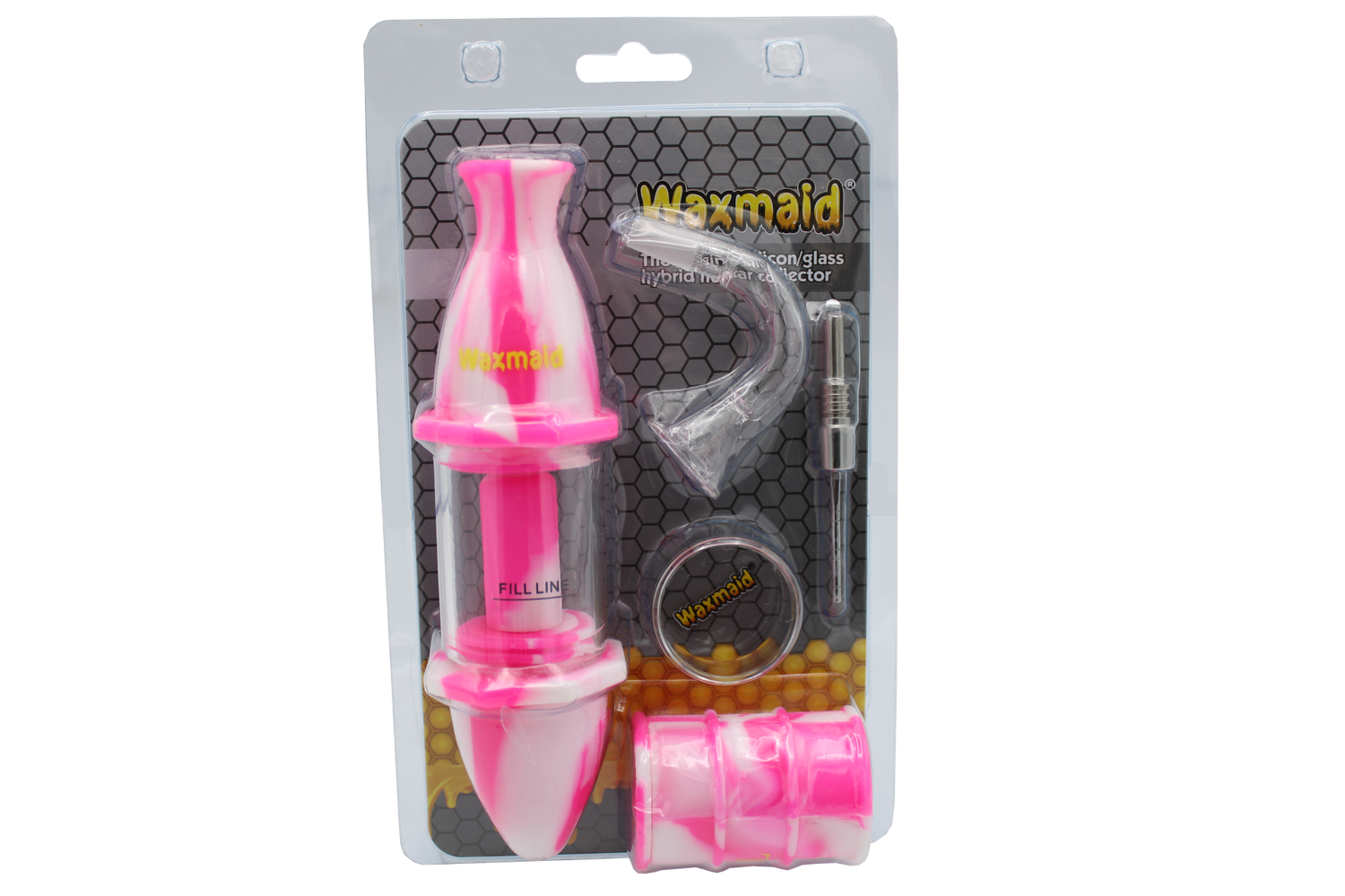 Front view of the 8-inch Waxmaid Upgraded Capsule Kit featuring a bright pink and white marbled silicone skin around its clear glass body. This easy-to-grip silicone hybrid pipe delivers cool, water-filtered hits in a sleek and colorful profile.