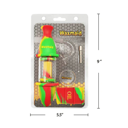 Front view of the 8-inch Waxmaid Upgraded Capsule Kit wrapped in a classic red, yellow, and green rasta striped silicone sleeve. This portable water pipe features a detachable glass chamber for quick water fills and hassle-free sessions.