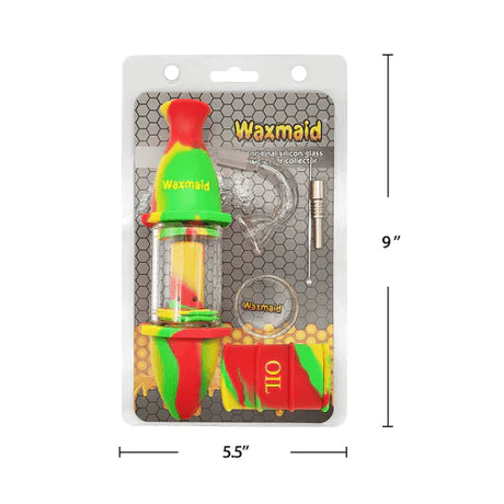 Front view of the 8-inch Waxmaid Upgraded Capsule Kit wrapped in a classic red, yellow, and green rasta striped silicone sleeve. This portable water pipe features a detachable glass chamber for quick water fills and hassle-free sessions.