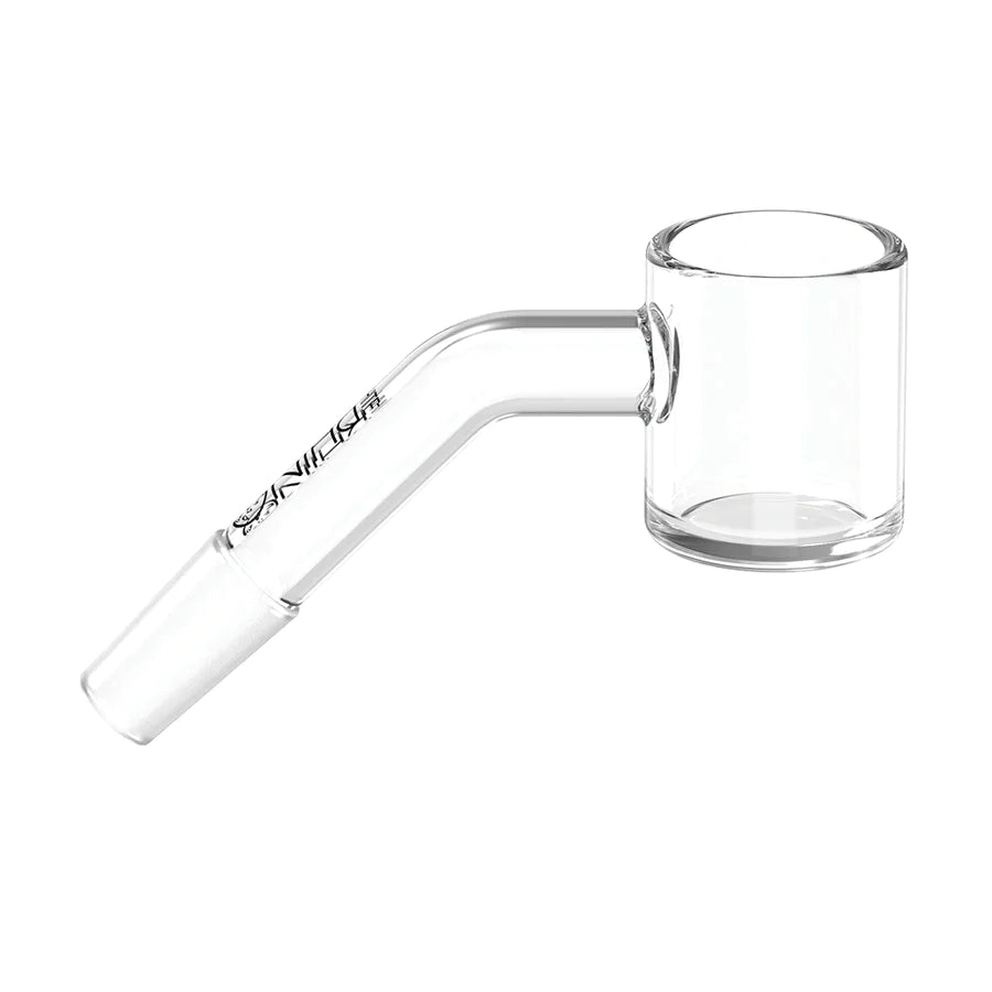 Side view of the White Rhino 10mm 45-Degree Male Quartz Banger in clear polished glass. This high-quality quartz nail features a distinct 45-degree angled neck to keep the concentrate bucket perfectly level on slanted water pipes and dab rigs.