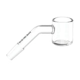 Side view of the White Rhino 10mm 45-Degree Male Quartz Banger in clear polished glass. This high-quality quartz nail features a distinct 45-degree angled neck to keep the concentrate bucket perfectly level on slanted water pipes and dab rigs.