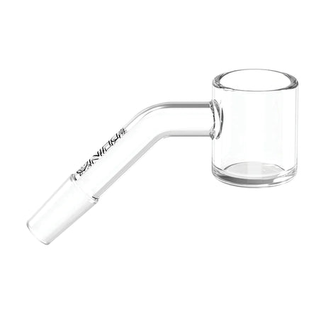Side view of the White Rhino 10mm 45-Degree Male Quartz Banger in clear polished glass. This high-quality quartz nail features a distinct 45-degree angled neck to keep the concentrate bucket perfectly level on slanted water pipes and dab rigs.