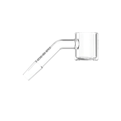 Side view of the White Rhino 10mm 45-Degree Male Quartz Banger in clear polished glass. This high-quality quartz nail features a distinct 45-degree angled neck to keep the concentrate bucket perfectly level on slanted water pipes and dab rigs.