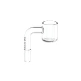 Angled profile view of the White Rhino 10mm 90-degree male quartz banger in clear translucent quartz. Featuring a heavy-duty 2mm thick bucket, this premium banger retains heat longer for optimal vaporization of your concentrates.