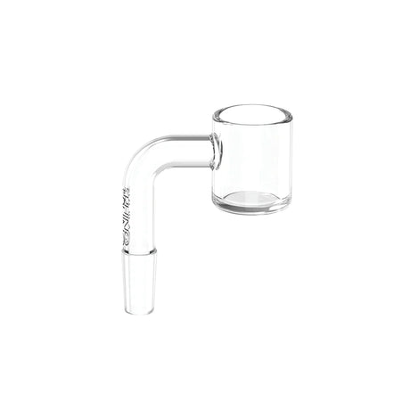 Angled profile view of the White Rhino 10mm 90-degree male quartz banger in clear translucent quartz. Featuring a heavy-duty 2mm thick bucket, this premium banger retains heat longer for optimal vaporization of your concentrates.