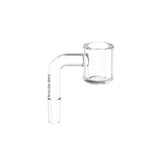 Angled profile view of the White Rhino 10mm 90-degree male quartz banger in clear translucent quartz. Featuring a heavy-duty 4mm thick bucket, this premium banger retains heat longer for optimal vaporization of your concentrates.
