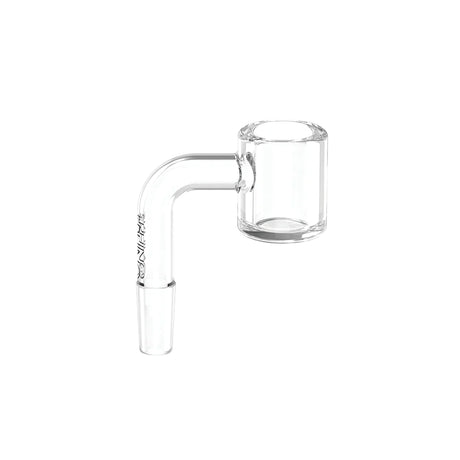 Angled profile view of the White Rhino 10mm 90-degree male quartz banger in clear translucent quartz. Featuring a heavy-duty 4mm thick bucket, this premium banger retains heat longer for optimal vaporization of your concentrates.