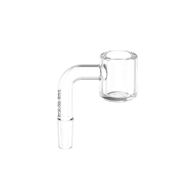 Angled profile view of the White Rhino 10mm 90-degree male quartz banger in clear translucent quartz. Featuring a heavy-duty 4mm thick bucket, this premium banger retains heat longer for optimal vaporization of your concentrates.