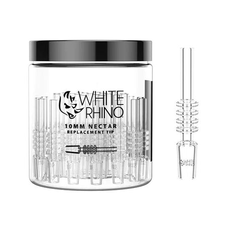 Front view of the White Rhino 10mm nectar collector replacement tips in a 5-count retail display pack. Made from premium, high-heat material, these clear 10mm male joint tips serve as immediate swaps for worn down vapor straws.