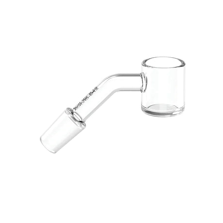 Side view of the White Rhino 14mm 45-Degree Male Quartz Banger in clear polished glass. This high-quality quartz nail features a distinct 45-degree angled neck to keep the concentrate bucket perfectly level on slanted water pipes and dab rigs.