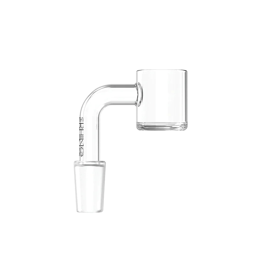 Side view of the White Rhino 14mm 90-Degree Male Thick Bowl Quartz Banger in clear polished glass. This heavy-duty quartz nail features a right-angle neck that fits perfectly into vertical water pipes and upright dab rigs to keep your session level.