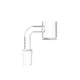 Side view of the White Rhino 14mm 90-Degree Male Thick Bowl Quartz Banger in clear polished glass. This heavy-duty quartz nail features a right-angle neck that fits perfectly into vertical water pipes and upright dab rigs to keep your session level.