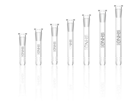 Angled overhead view of the black White Rhino adjustable silicone downstems. This drop-proof, heat-resistant tool acts as the ultimate universal downstem solution for everyday dry herb sessions.