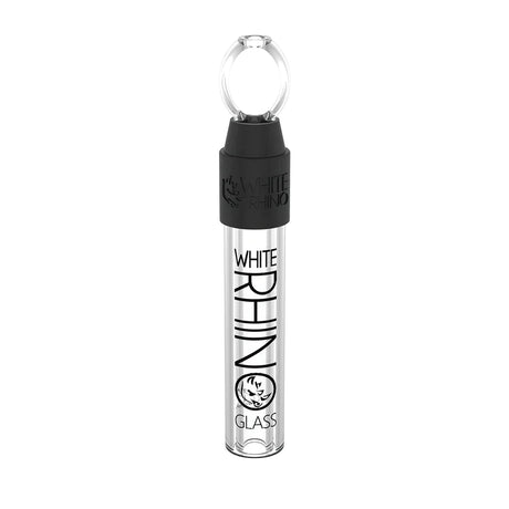 Side profile view of a single White Rhino glass chillum showcasing its clear glass body and sleek black silicone cap. This 4.25-inch compact pipe allows you to pre-pack your dry herbs securely for convenient, mess-free travel.