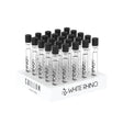Front view of the White Rhino glass chillum 25-count display box featuring signature black and green branding. This wholesale retail package contains durable clear glass one-hitters equipped with a patent-pending load-and-go silicone cap for dry herbs.