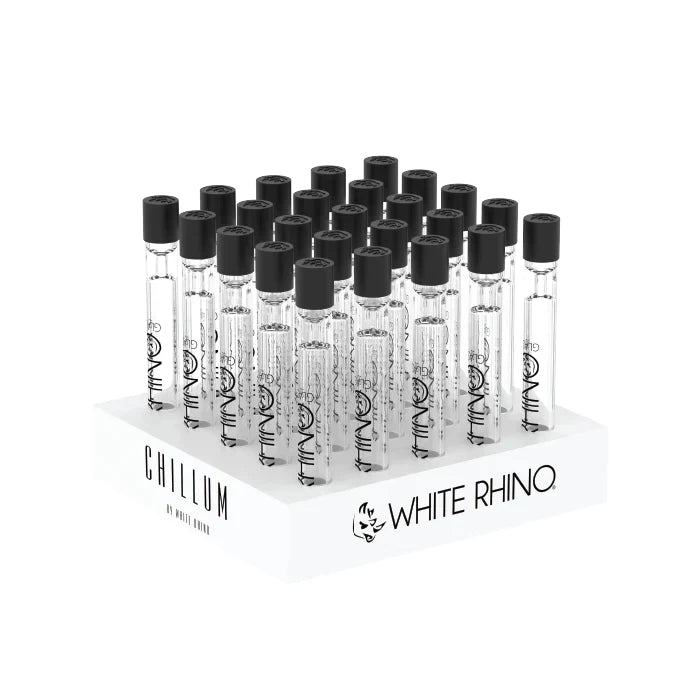 Front view of the White Rhino glass chillum 25-count display box featuring signature black and green branding. This wholesale retail package contains durable clear glass one-hitters equipped with a patent-pending load-and-go silicone cap for dry herbs.