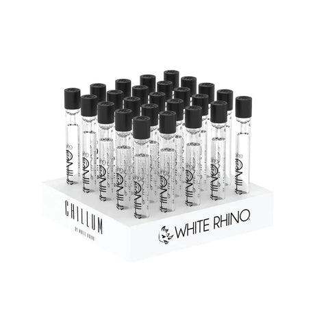Front view of the White Rhino glass chillum 25-count display box featuring signature black and green branding. This wholesale retail package contains durable clear glass one-hitters equipped with a patent-pending load-and-go silicone cap for dry herbs.