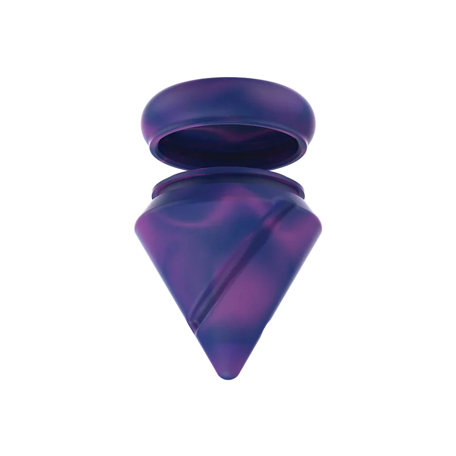 Angled low view of the White Rhino diamond spinner carb cap opened to reveal the internal silicone storage jar and the included clear glass terp ball. This 2-in-1 travel-friendly design keeps your sticky concentrates safely stored directly inside your carb cap.