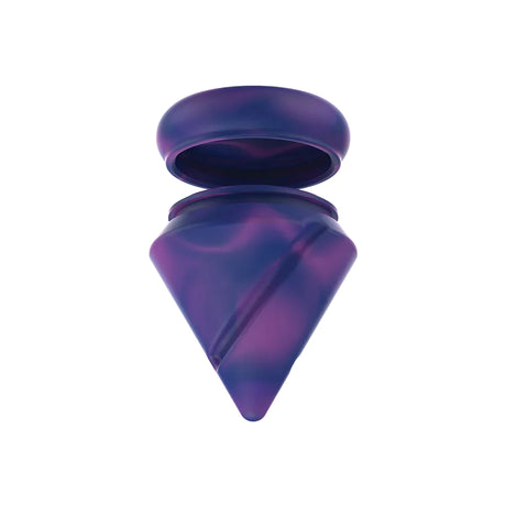 Angled low view of the White Rhino diamond spinner carb cap opened to reveal the internal silicone storage jar and the included clear glass terp ball. This 2-in-1 travel-friendly design keeps your sticky concentrates safely stored directly inside your carb cap.