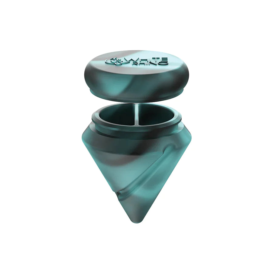 Angled top-down view of the White Rhino diamond spinner carb cap opened to reveal the internal silicone storage jar and the included clear glass terp ball. This 2-in-1 travel-friendly design keeps your sticky concentrates safely stored directly inside your carb cap.