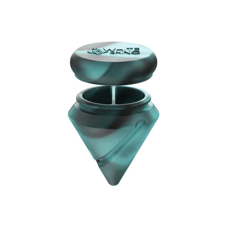 Angled top-down view of the White Rhino diamond spinner carb cap opened to reveal the internal silicone storage jar and the included clear glass terp ball. This 2-in-1 travel-friendly design keeps your sticky concentrates safely stored directly inside your carb cap.