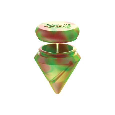 Angled top-down view of the White Rhino diamond spinner carb cap opened to reveal the internal silicone storage jar and the included clear glass terp ball. This 2-in-1 travel-friendly design keeps your sticky concentrates safely stored directly inside your carb cap.