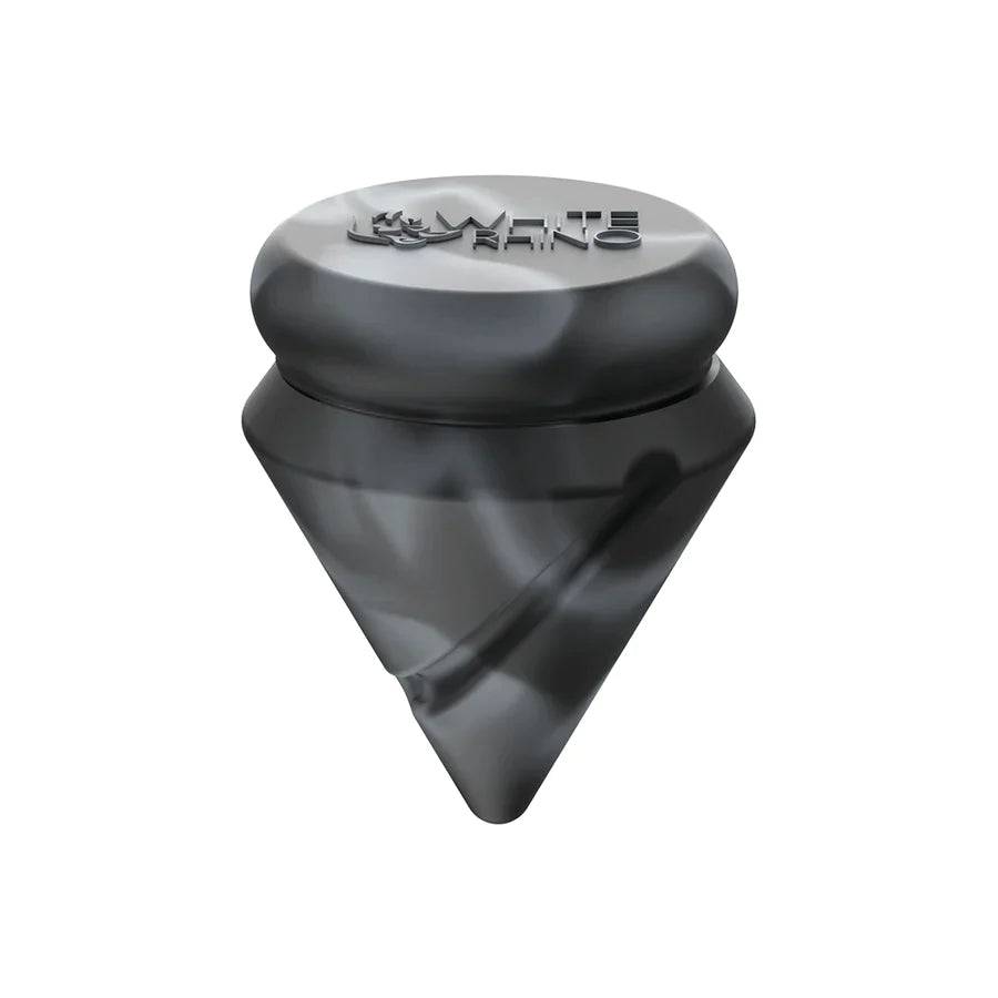 Angled overhead view of the White Rhino diamond spinner carb cap in bright grey. Crafted from premium heat-resistant silicone, this geometric dab accessory effortlessly caps your banger to lock in heat during low-temperature concentrate sessions.