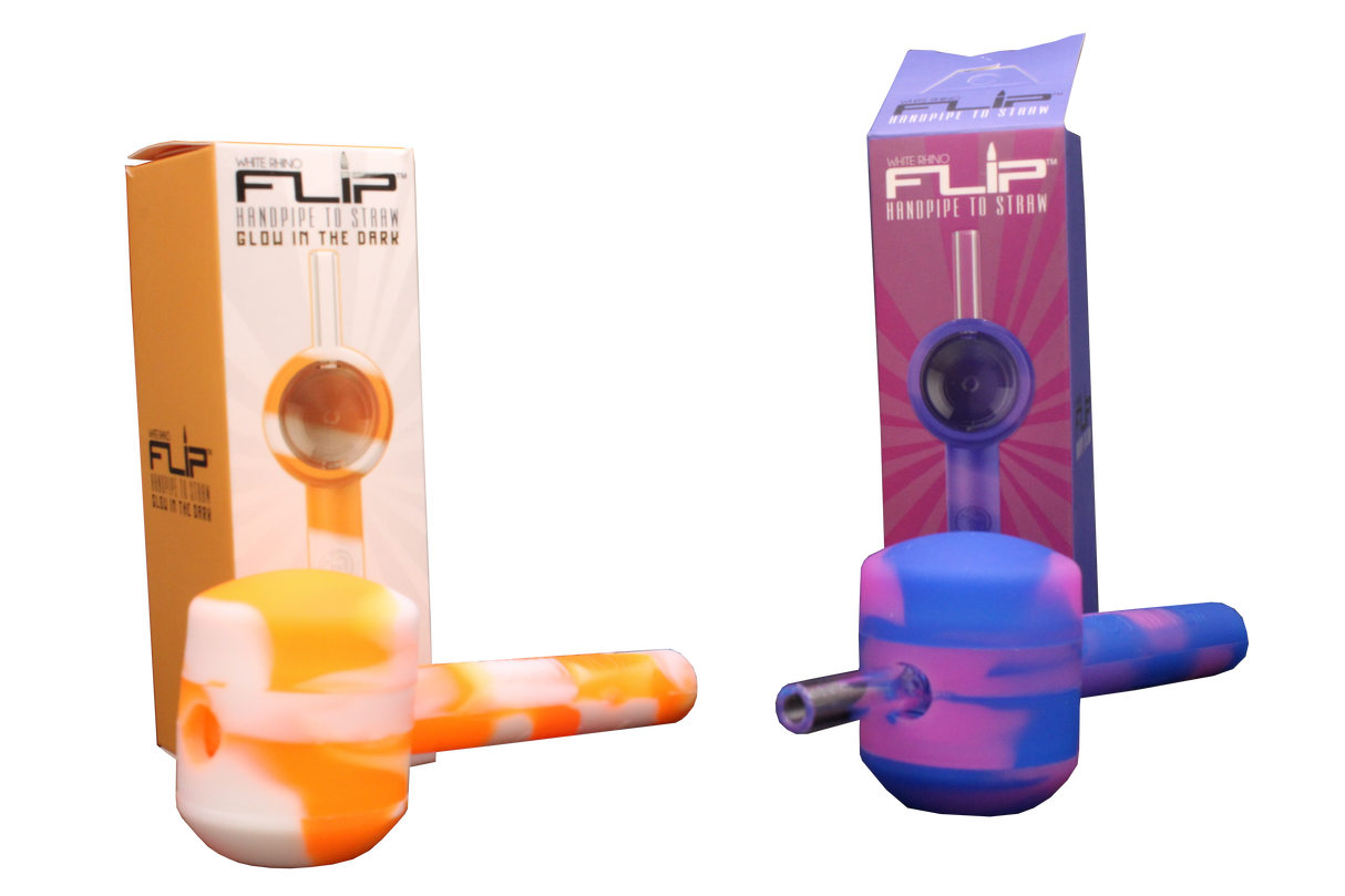 Two White Rhino Flip Hand Pipes, one with a straw attachment for nectar collection and one without, in various colors.