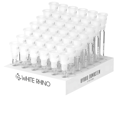 Front view of the White Rhino hybrid downstem in white silicone and clear glass in its dlsplay box. This innovative 1-piece replacement part combines an unbreakable silicone upper joint with a pure glass stem to instantly upgrade your daily water pipe sessions.