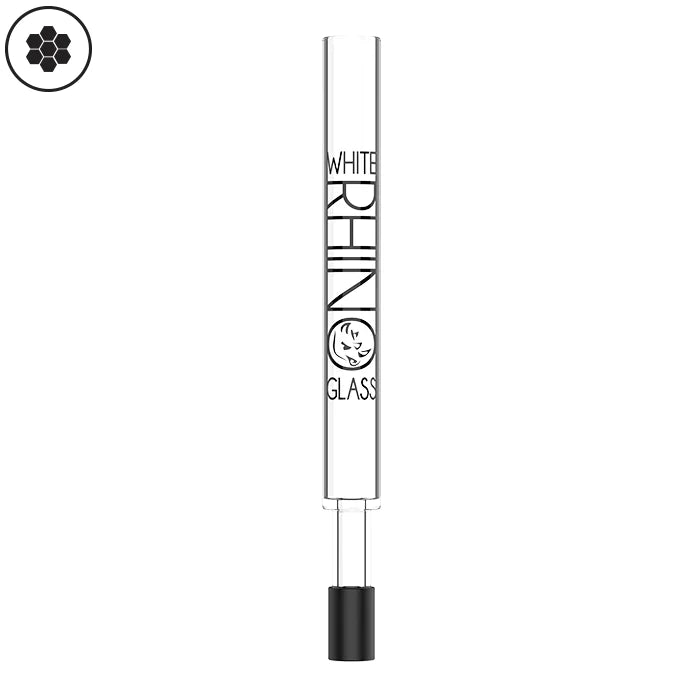 Side view of the clear White Rhino Pyrex V2 dab straw lying horizontally with its green silicone cap detached to reveal the glass tip. This durable 5-inch glass straw features a high-heat resistant pyrex tip designed for direct concentrate dabbing.