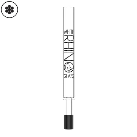 Side view of the clear White Rhino Pyrex V2 dab straw lying horizontally with its green silicone cap detached to reveal the glass tip. This durable 5-inch glass straw features a high-heat resistant pyrex tip designed for direct concentrate dabbing.