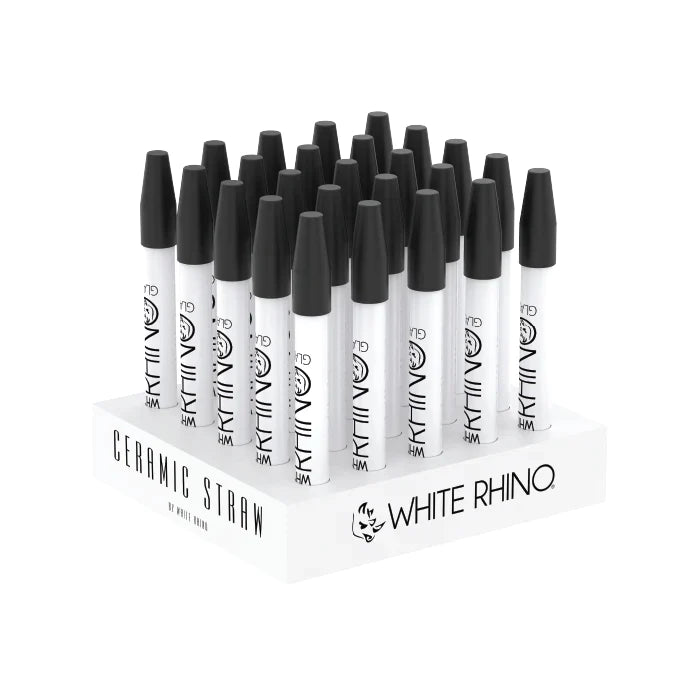 Angled overhead view of the White Rhino 25ct quartz dab straw display box featuring clear glass and assorted colorful silicone caps. This convenient point-of-purchase retail tub provides 25 high-heat resistant nectar collectors designed for quick, smooth concentrate consumption.