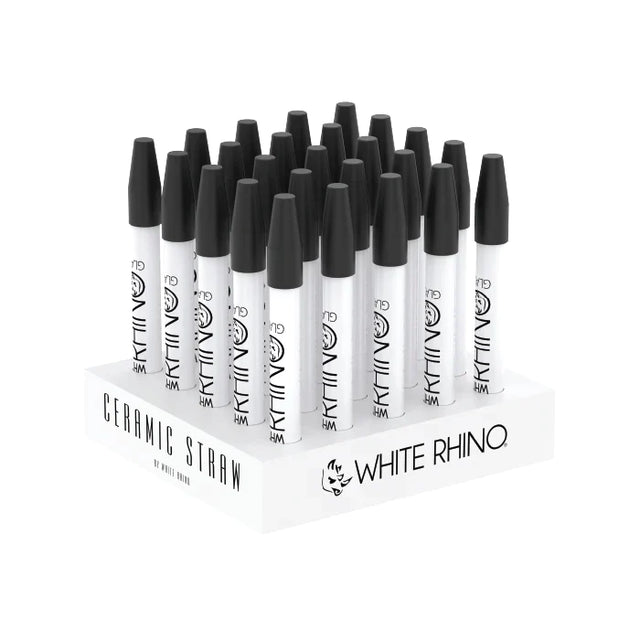 Angled overhead view of the White Rhino 25ct quartz dab straw display box featuring clear glass and assorted colorful silicone caps. This convenient point-of-purchase retail tub provides 25 high-heat resistant nectar collectors designed for quick, smooth concentrate consumption.