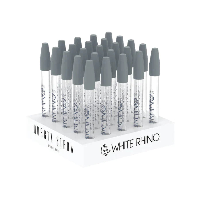 Angled overhead view of the White Rhino 25ct quartz dab straw display box featuring clear glass and assorted colorful silicone caps. This convenient point-of-purchase retail tub provides 25 high-heat resistant nectar collectors designed for quick, smooth concentrate consumption.