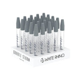 Angled overhead view of the White Rhino 25ct quartz dab straw display box featuring clear glass and assorted colorful silicone caps. This convenient point-of-purchase retail tub provides 25 high-heat resistant nectar collectors designed for quick, smooth concentrate consumption.
