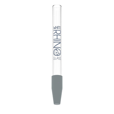 Angled profile view of the White Rhino dab straw in clear glass with its protective silicone cap removed to reveal the heating tip. Crafted from high-quality quartz glass, this durable dab straw ensures rapid heating and perfectly preserves the pure terpenes of your waxy concentrates.