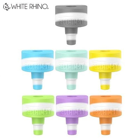 Front angled view of the White Rhino Reclaim-It Glow-in-the-Dark Silicone adapter in a light semi-translucent assorted colors. This innovative accessory attaches to water pipes to efficiently collect and salvage unvaporized concentrate materials during use.