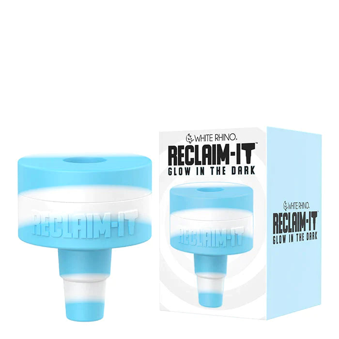 Front angled view of the White Rhino Reclaim-It Glow-in-the-Dark Silicone adapter in a light semi-translucent blue. This innovative accessory attaches to water pipes to efficiently collect and salvage unvaporized concentrate materials during use.