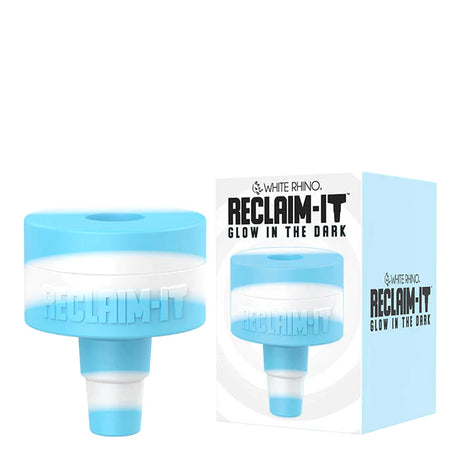 Front angled view of the White Rhino Reclaim-It Glow-in-the-Dark Silicone adapter in a light semi-translucent blue. This innovative accessory attaches to water pipes to efficiently collect and salvage unvaporized concentrate materials during use.