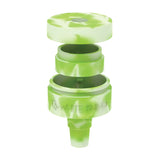 Front angled view of the White Rhino Reclaim-It Glow-in-the-Dark Silicone adapter in a light semi-translucent green. This innovative accessory attaches to water pipes to efficiently collect and salvage unvaporized concentrate materials during use.