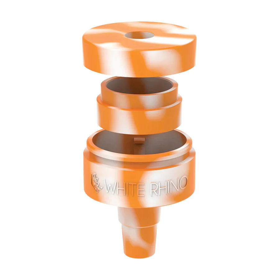 Front angled view of the White Rhino Reclaim-It Glow-in-the-Dark Silicone adapter in a light semi-translucent orange. This innovative accessory attaches to water pipes to efficiently collect and salvage unvaporized concentrate materials during use.