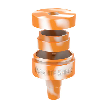 Front angled view of the White Rhino Reclaim-It Glow-in-the-Dark Silicone adapter in a light semi-translucent orange. This innovative accessory attaches to water pipes to efficiently collect and salvage unvaporized concentrate materials during use.