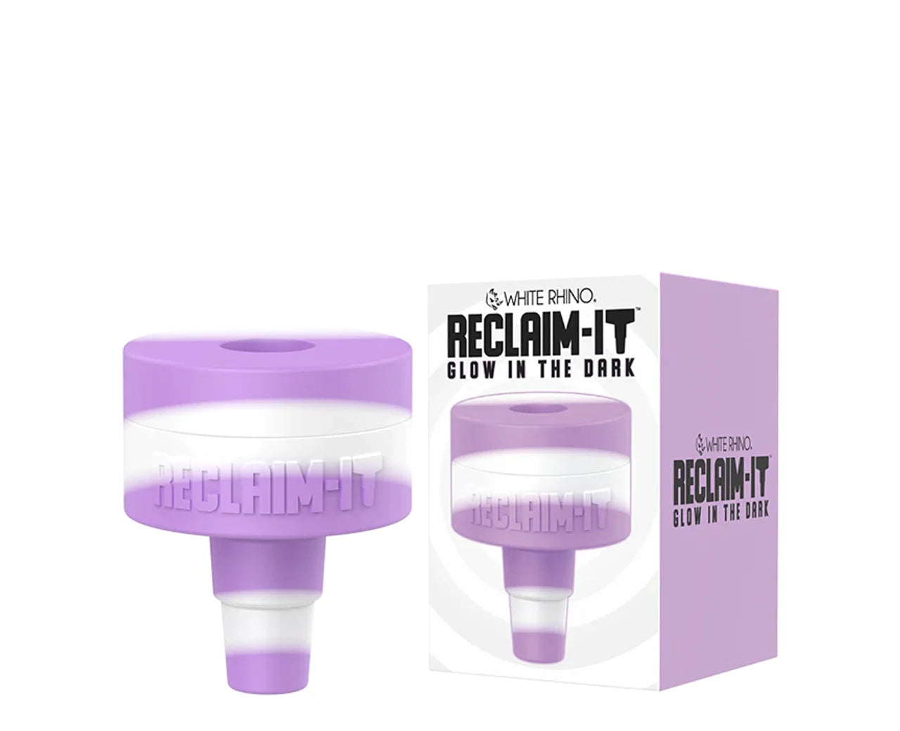 Front angled view of the White Rhino Reclaim-It Glow-in-the-Dark Silicone adapter in a light semi-translucent purple. This innovative accessory attaches to water pipes to efficiently collect and salvage unvaporized concentrate materials during use.