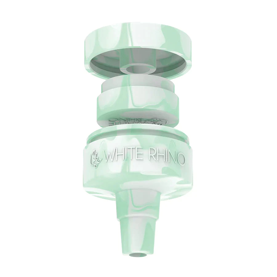 Front angled view of the White Rhino Reclaim-It Glow-in-the-Dark Silicone adapter in a light semi-translucent teal. This innovative accessory attaches to water pipes to efficiently collect and salvage unvaporized concentrate materials during use.