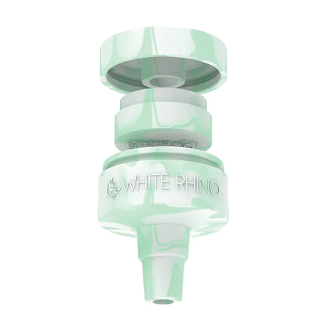 Front angled view of the White Rhino Reclaim-It Glow-in-the-Dark Silicone adapter in a light semi-translucent teal. This innovative accessory attaches to water pipes to efficiently collect and salvage unvaporized concentrate materials during use.