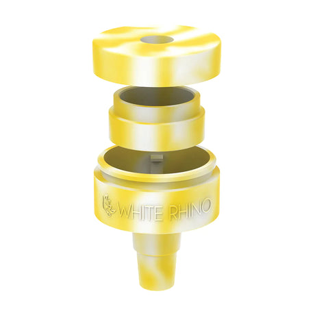 Front angled view of the White Rhino Reclaim-It Glow-in-the-Dark Silicone adapter in a light semi-translucent yellow. This innovative accessory attaches to water pipes to efficiently collect and salvage unvaporized concentrate materials during use.
