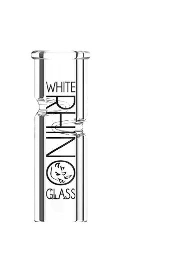 Front view of the White Rhino Round XL glass tips 80-count retail counter dispenser. These 12mm heavy-cast silica cylinders are designed with an internal ash-blocking pinch to prevent un-vaporized herbs from pulling through into the mouth.